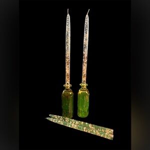 4 Vintage Taper Candles clear Lucite Acrylic
Floating silver Leaf, MCM.